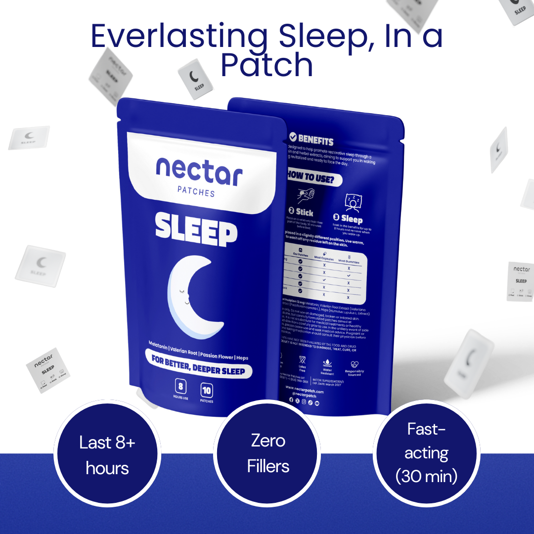 Purple 'Nectar Patches Focus' product packaging with eye symbol on a purple background.