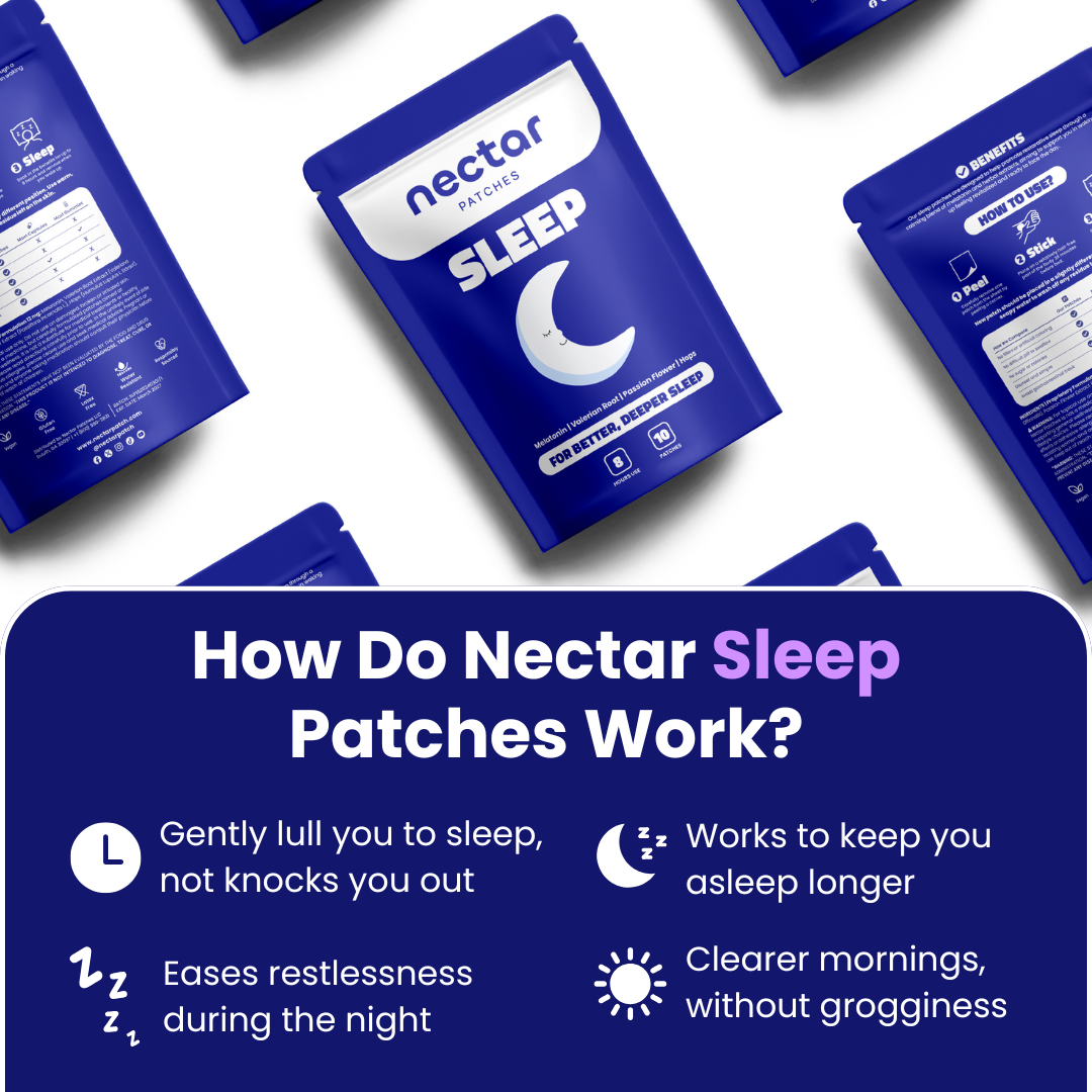 Purple packaging for Nectar Focus patches with benefits listed: quick boost, innovative technology, and convenience.