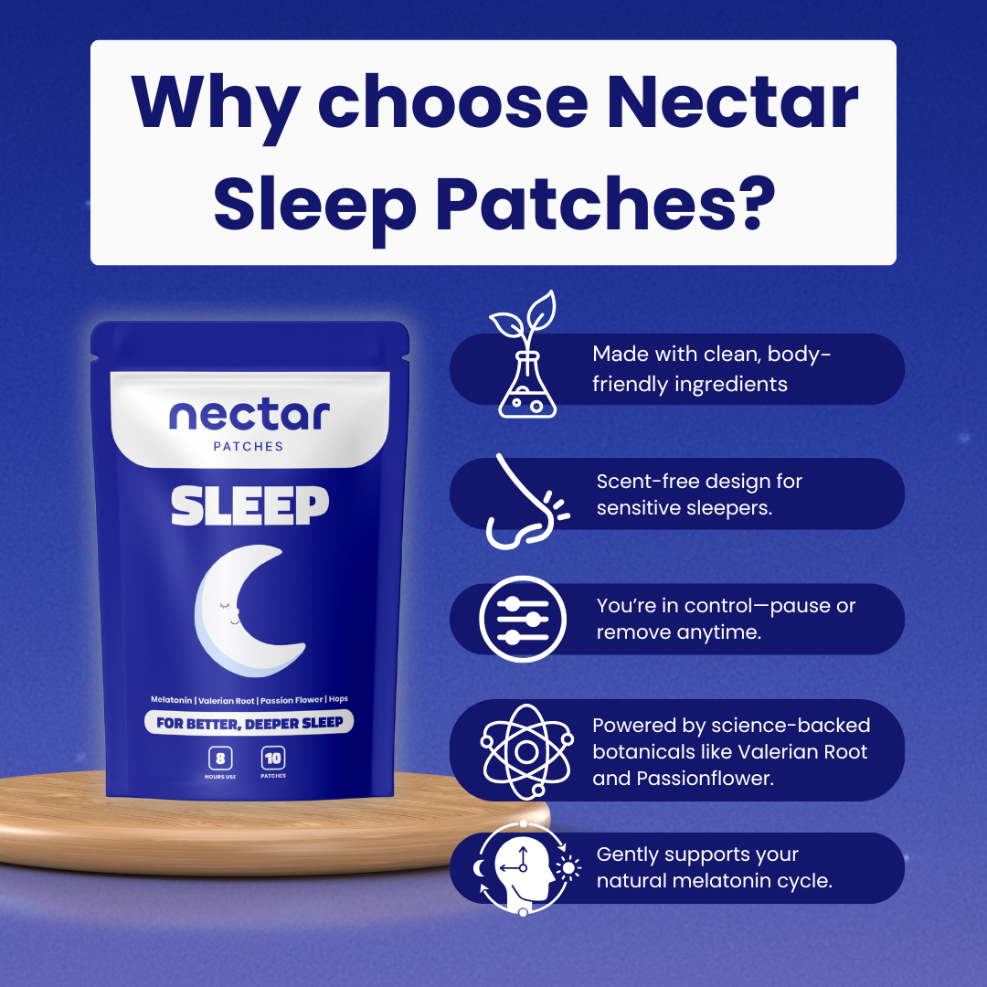 Package of Nectar Patches 'Focus' on a light purple background.