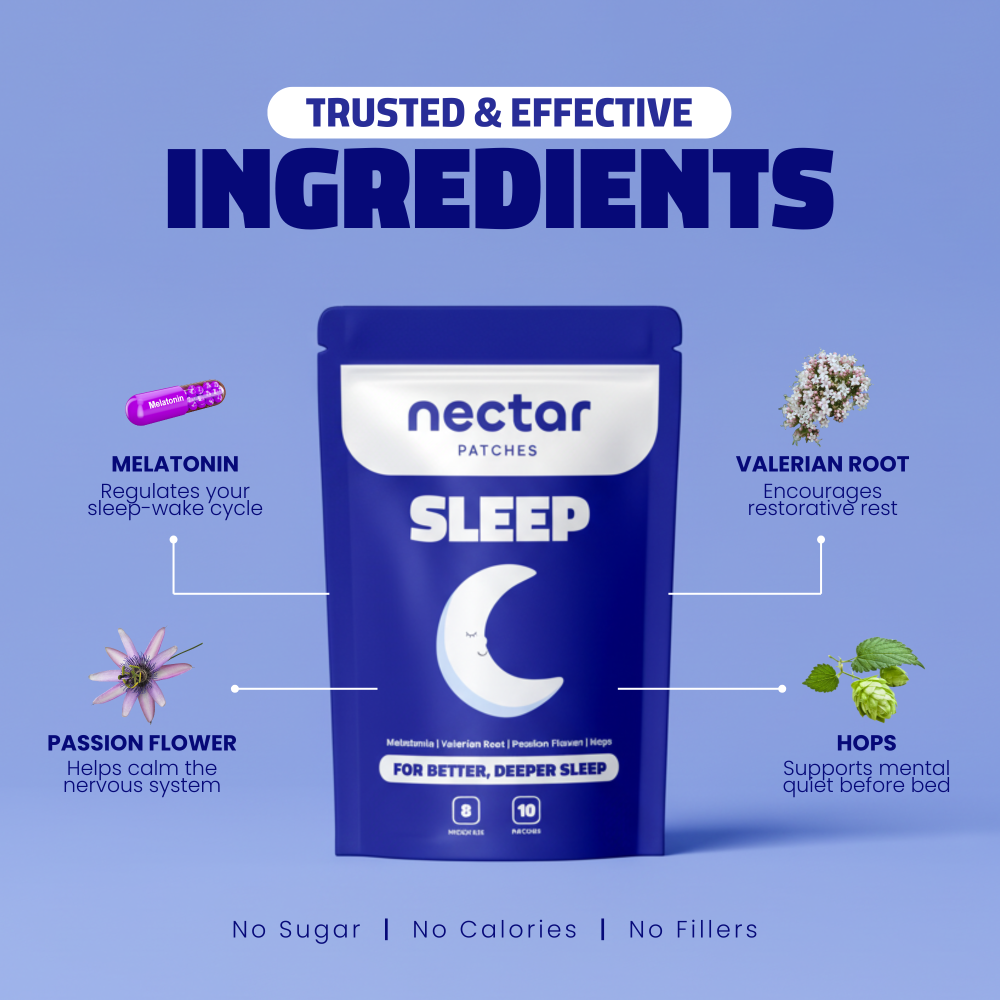 Purple packaging for Nectar Focus patches with benefits listed: quick boost, innovative technology, and convenience.