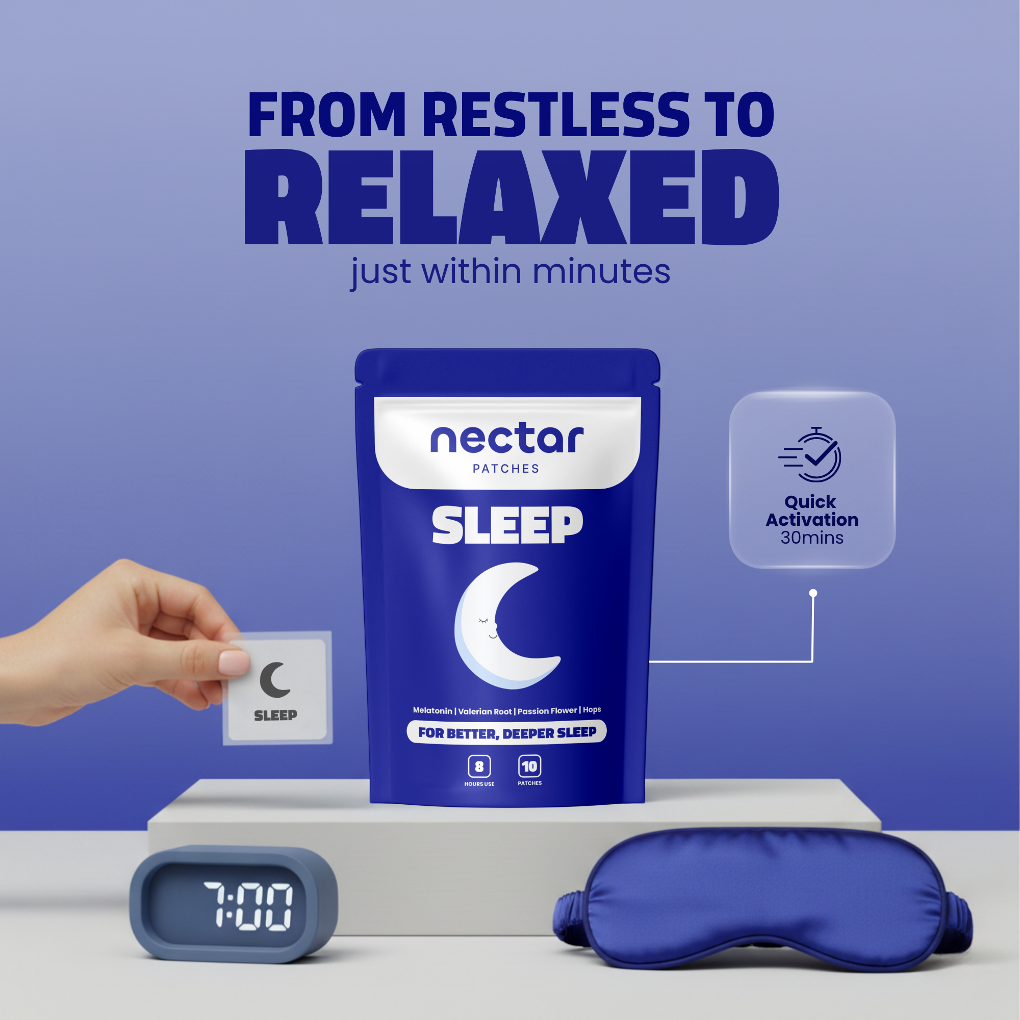 Purple 'Nectar Patches Focus' product packaging with eye symbol on a purple background.